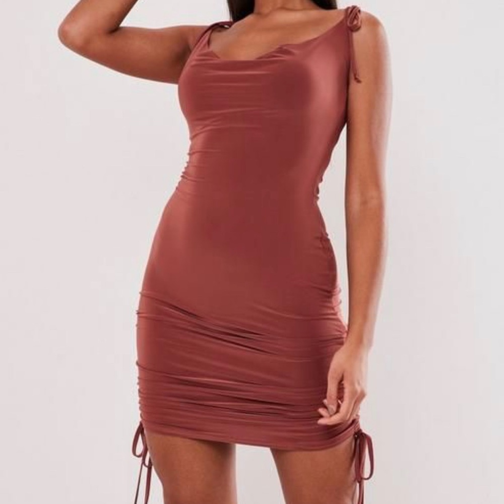 Rust Slinky Ruched Tie Shoulder Mini Dress
